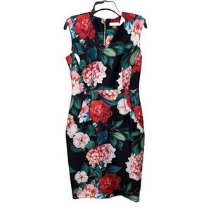 Calvin Klein V-Neck Sleeveless Bodycon Dress Womens Size 8 Black Red Floral